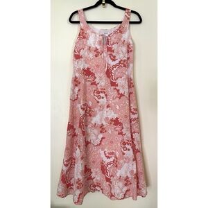 Vintage Y2K Floral Cotton Midi Dress Coral White Salmon Keyhole Tie Sz 8 Medium